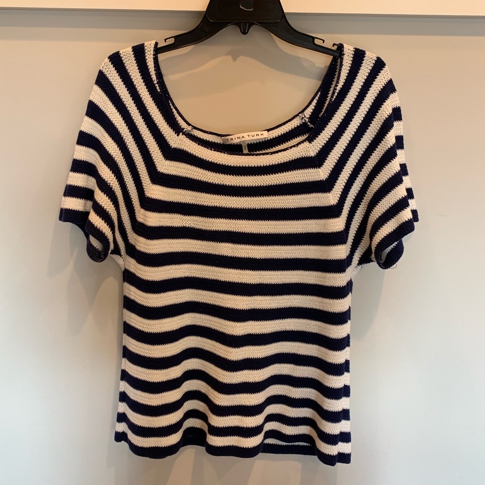 Trina tuck short sleeve sweater. Blue and white
